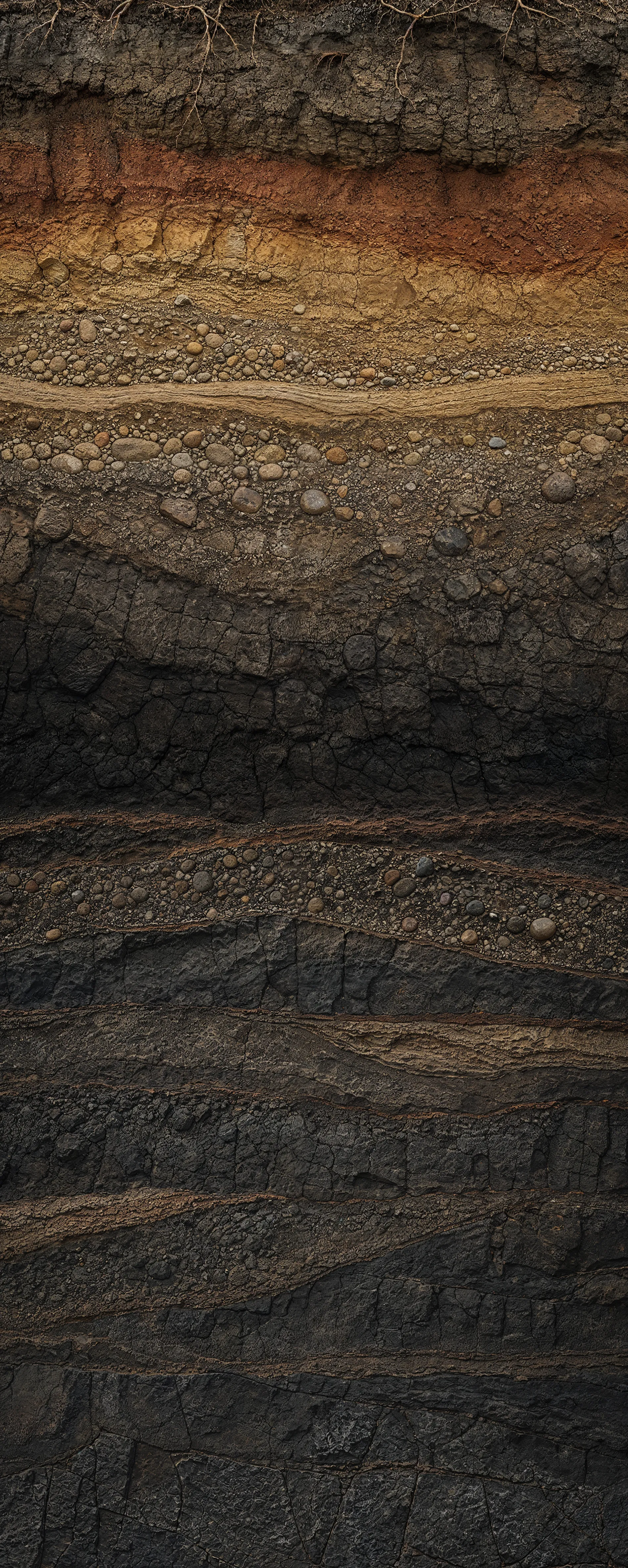 Cross-section of the soil beneath Chico: roots, clay, and gravel layers going down